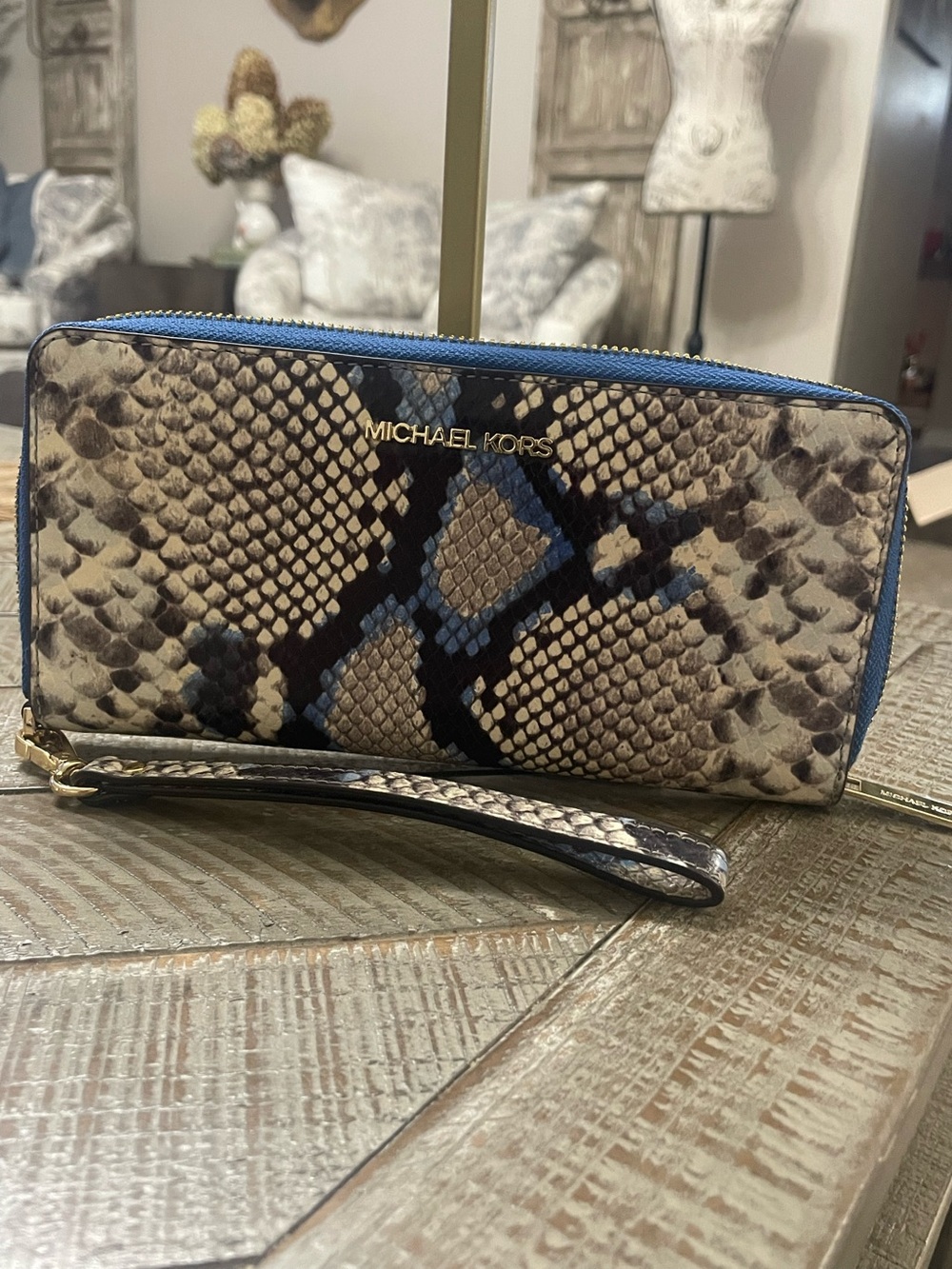 Michael Kors Blue Jet Set Snakeskin-Print Wristlet Wallet